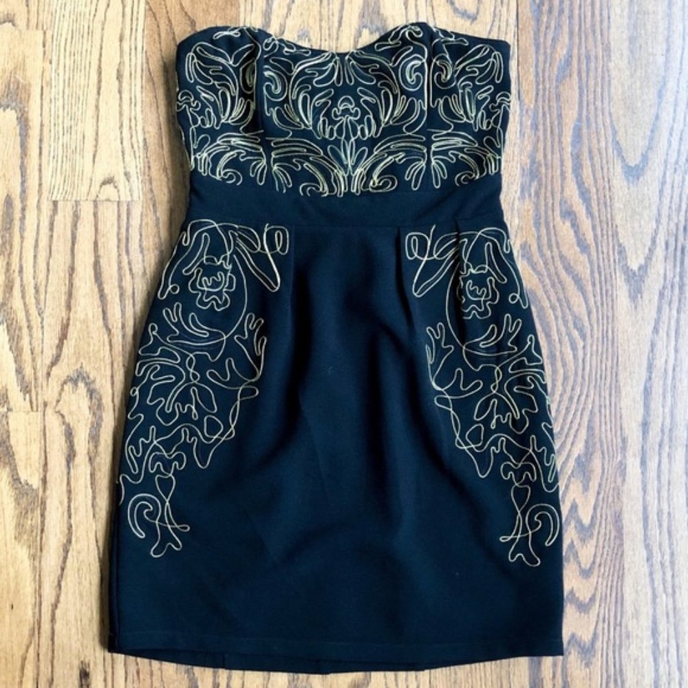 Sparkle & Fade Black Strapless Dress with Gold Accents